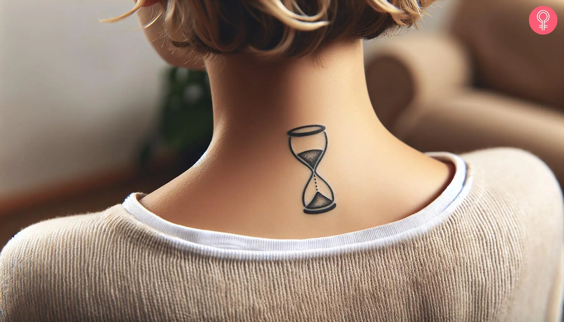 Woman with hourglass outline tattoo on her upper back