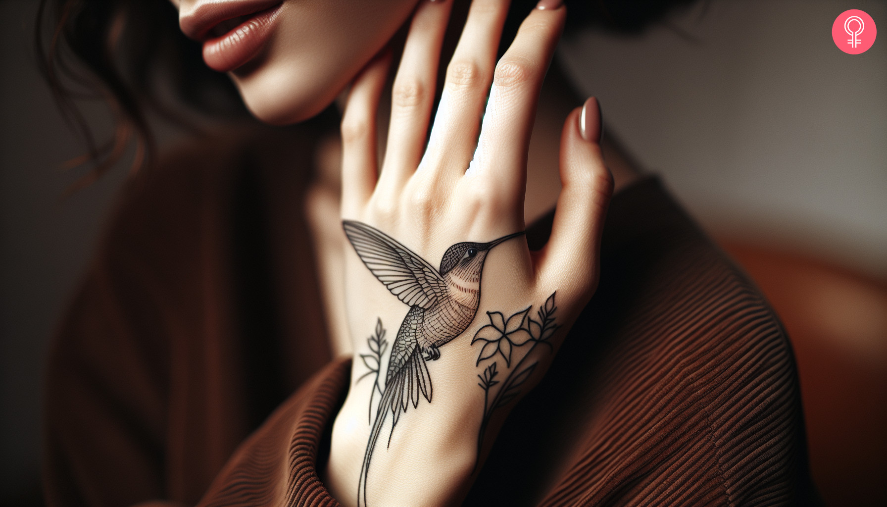 Woman with hummingbird tattoo in outline style on her hand