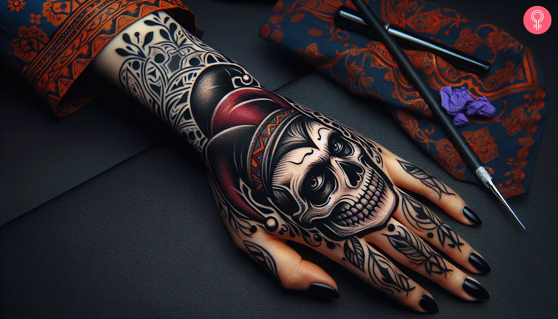 Woman with joker skull tattoo on her hand
