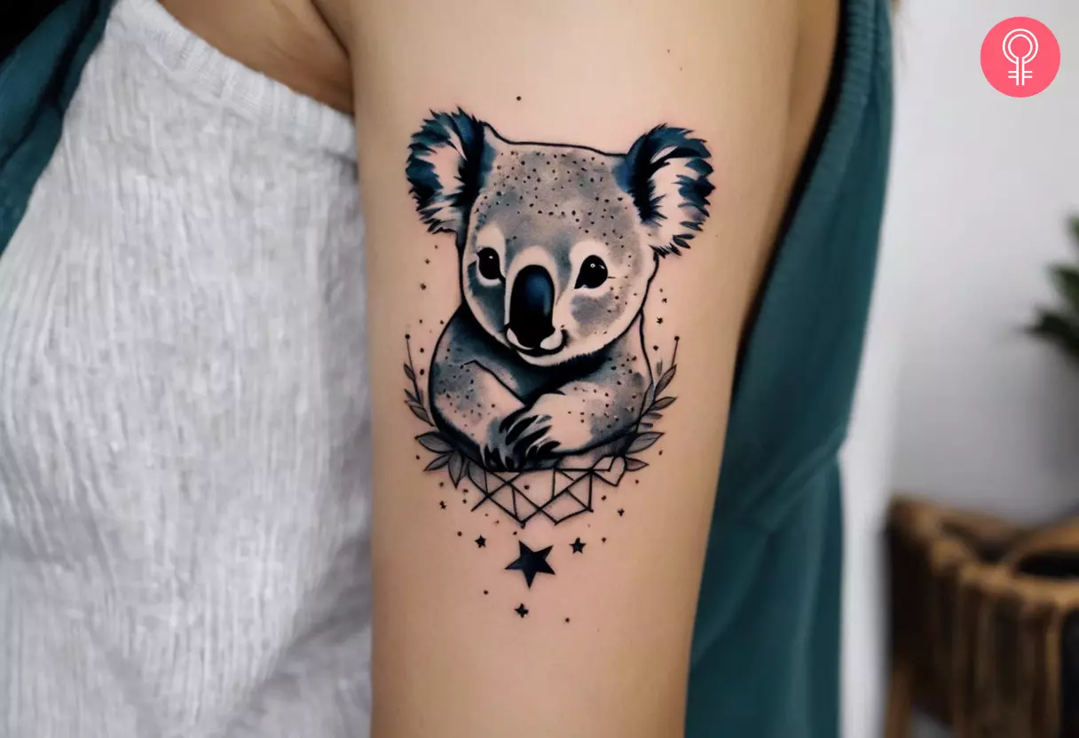 Woman with koala and celestial bodies tattoo on her ankle