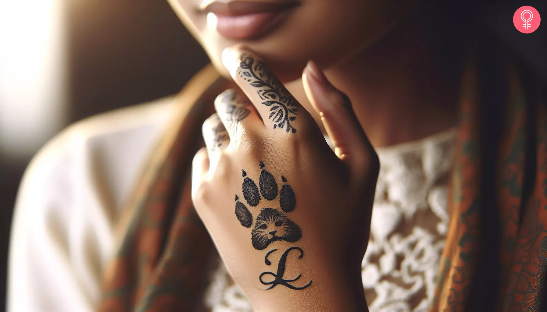 Woman with l letter and paw tattoo design on the hand