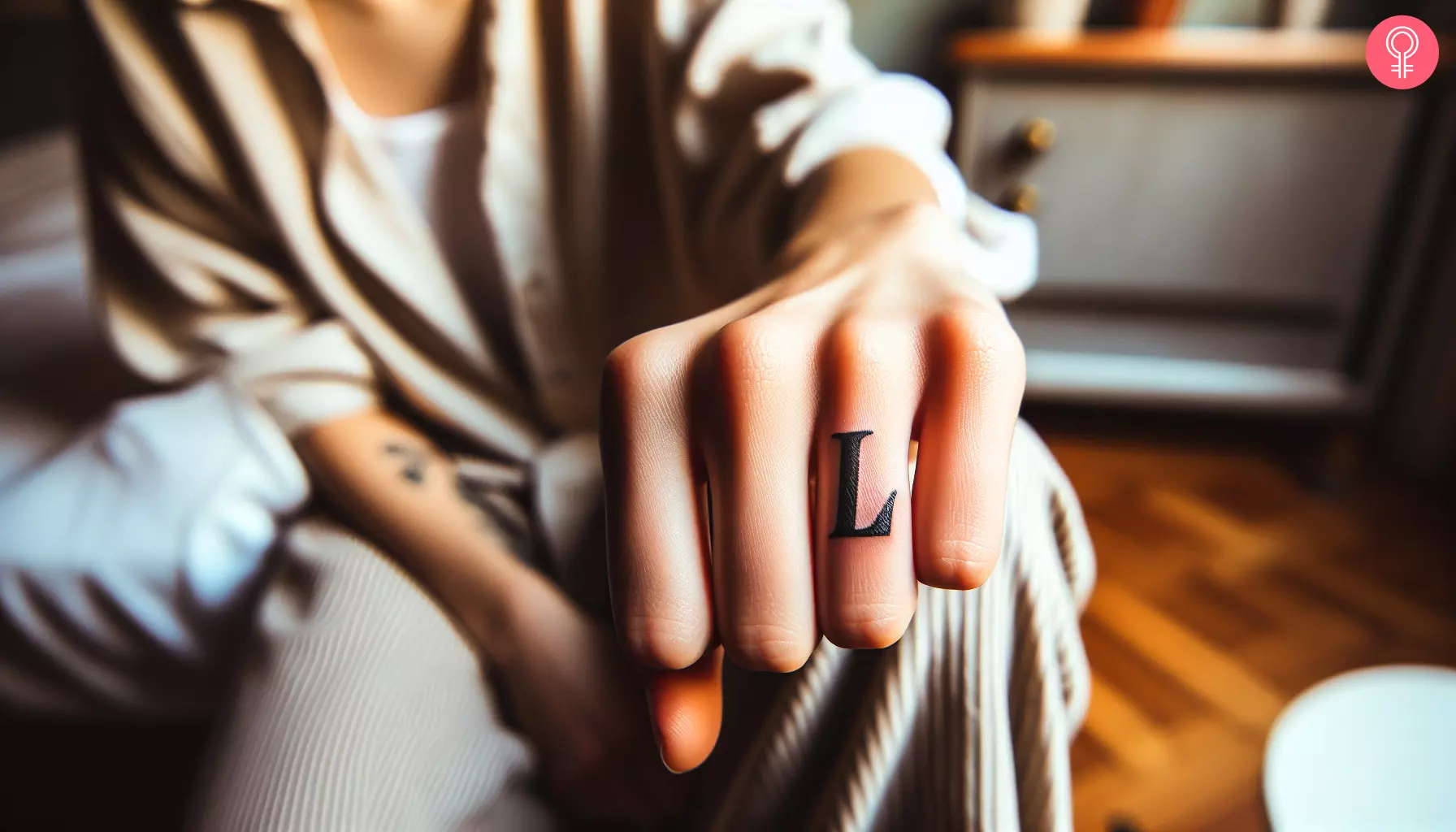 Woman with l tattoo on the finger