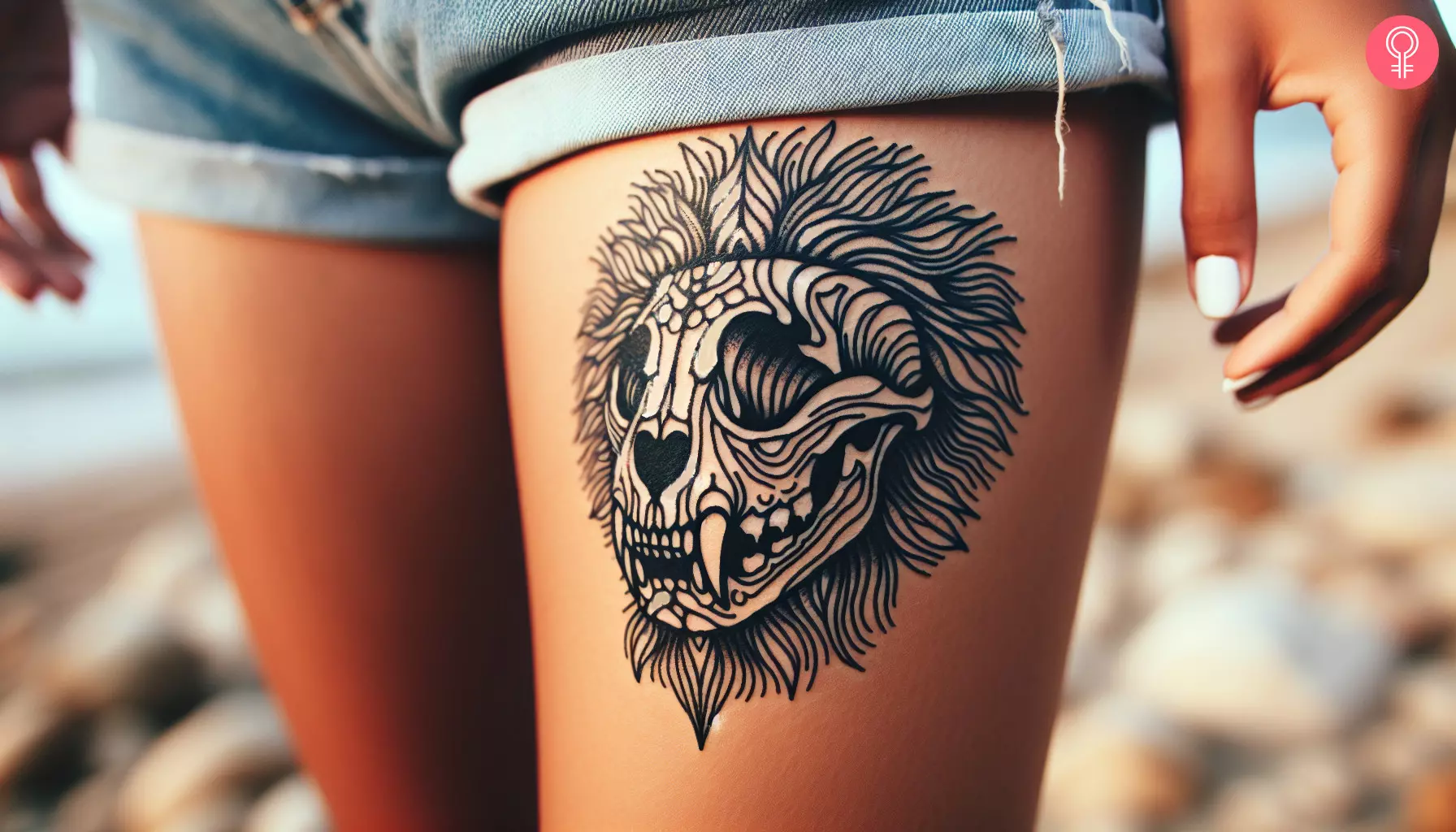 Woman with lion skull tattoo on her thigh
