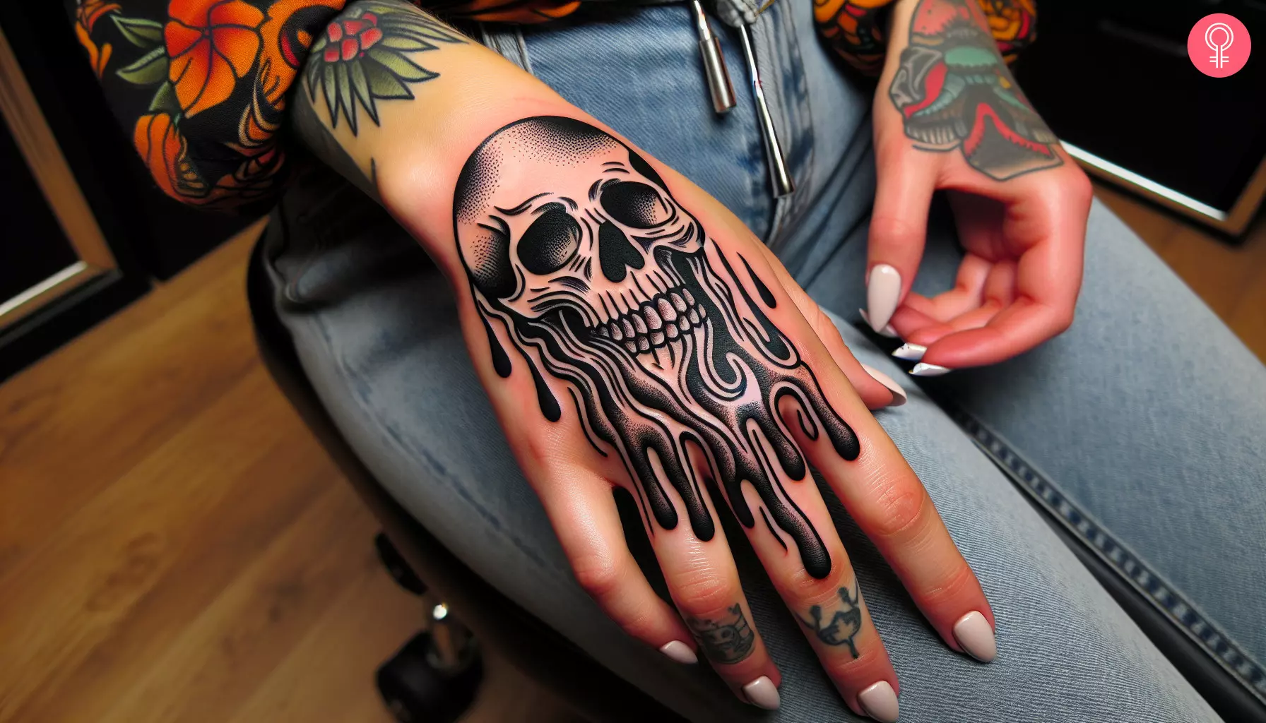 Woman with melting skull tattoo on the back of her palm