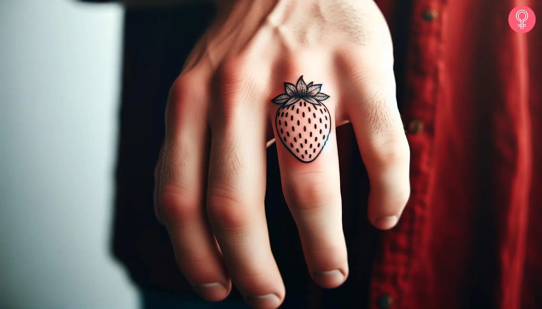 Woman with minimalist strawberry tattoo on her finger