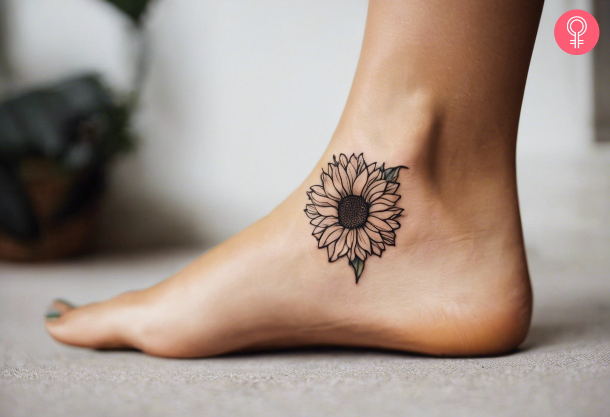 Woman with outline simple sunflower tattoo on her ankle
