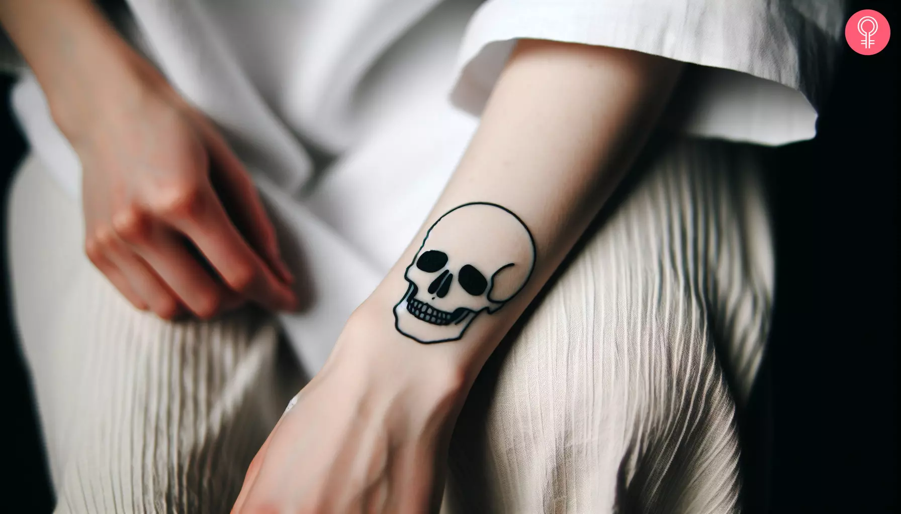 Woman with outline skull tattoo design on her wrist