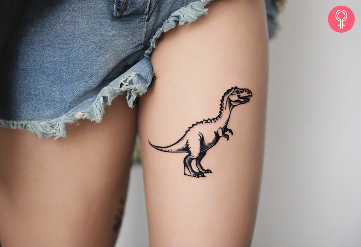 Woman with outline small dinosaur tattoo on her thigh