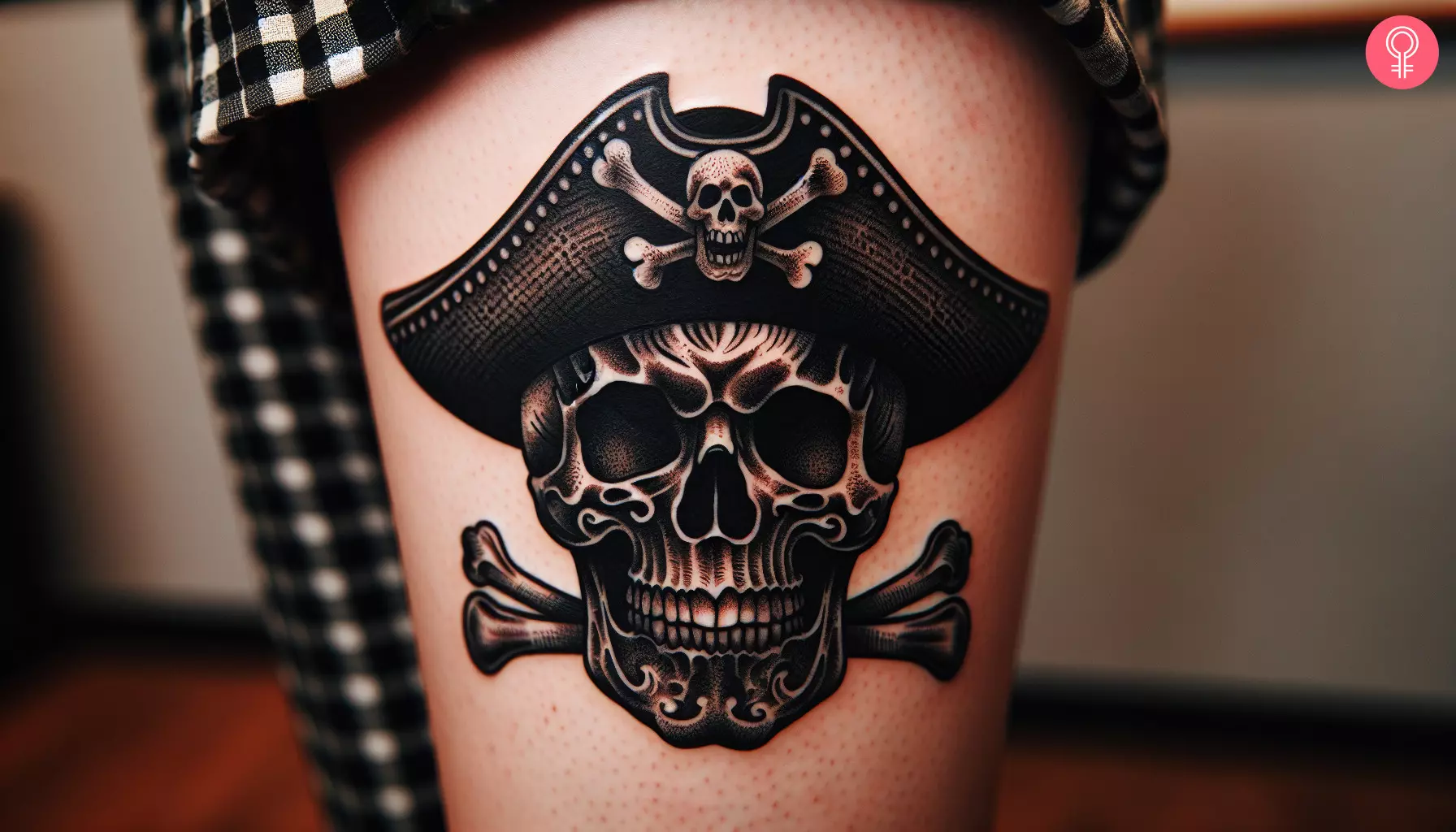 Woman with pirate skull tattoo on her thigh