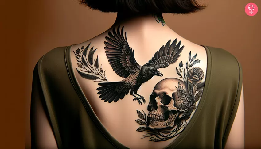 Woman with raven and skull tattoo design on her upper back