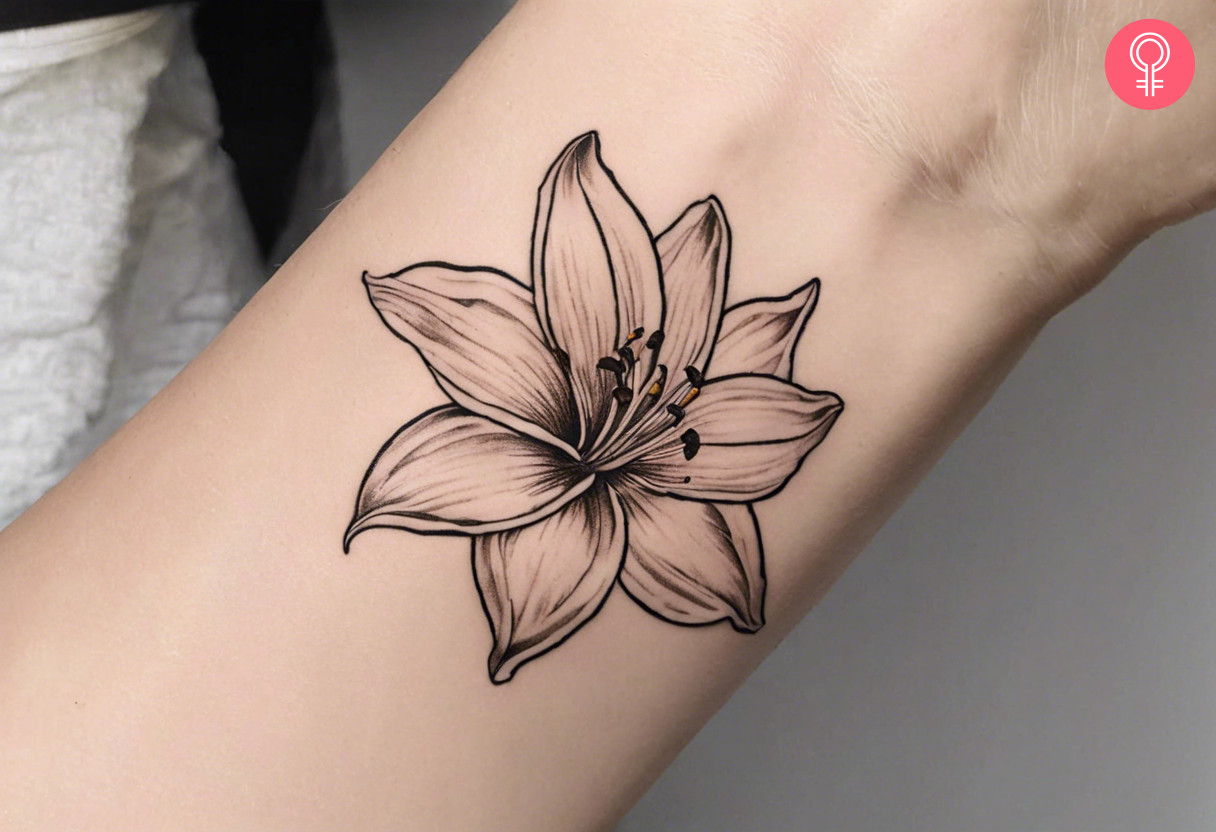 Woman with realistic lily outline tattoo on her wrist
