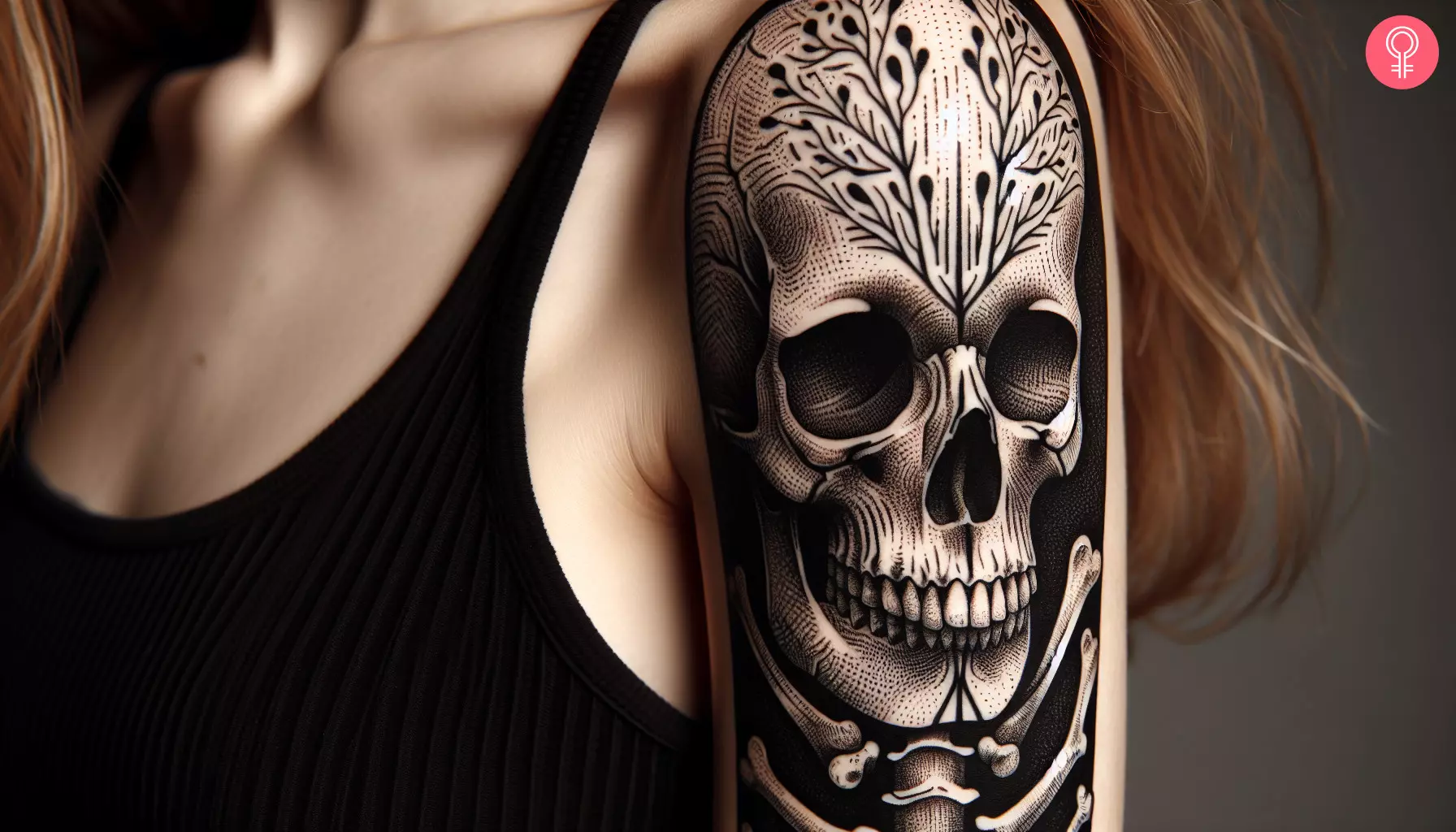 Woman with skull and bones tattoo on her upper arm