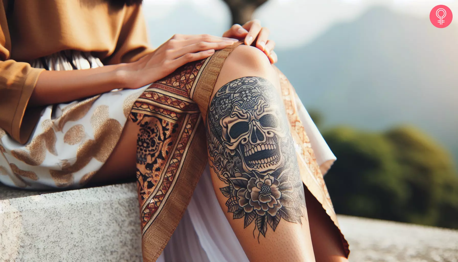 Woman with skull leg band tattoo