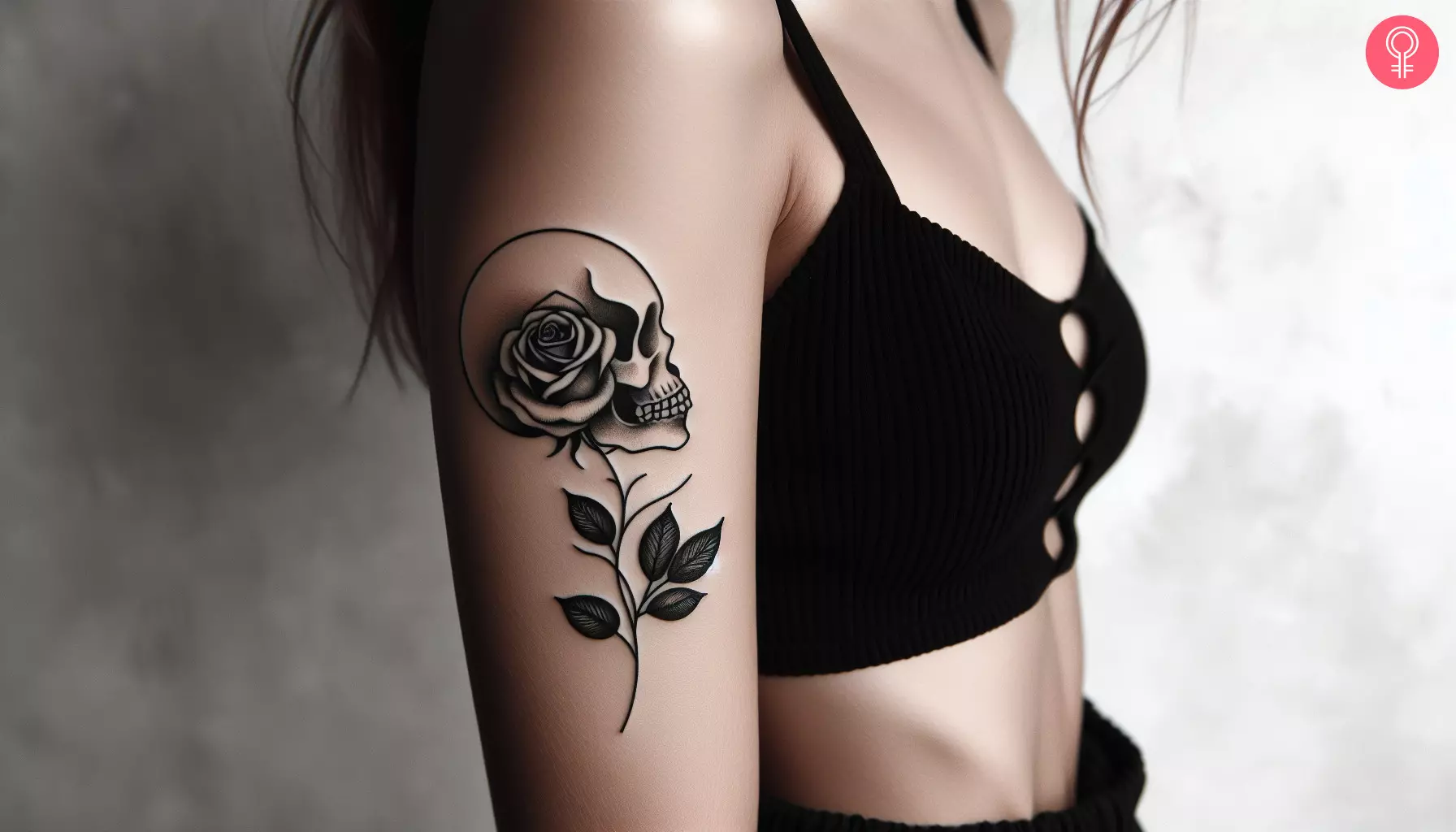 Woman with skull rose tattoo on her upper arm