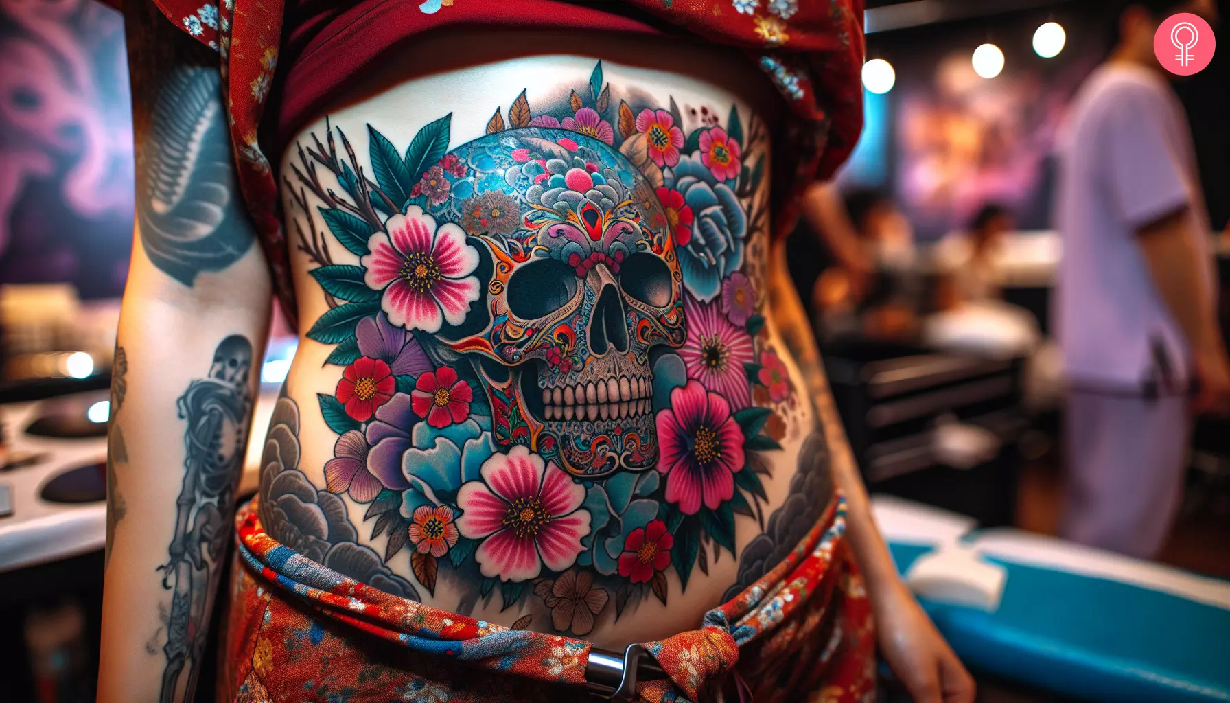 Woman with skull tattoo with flowers on her stomach