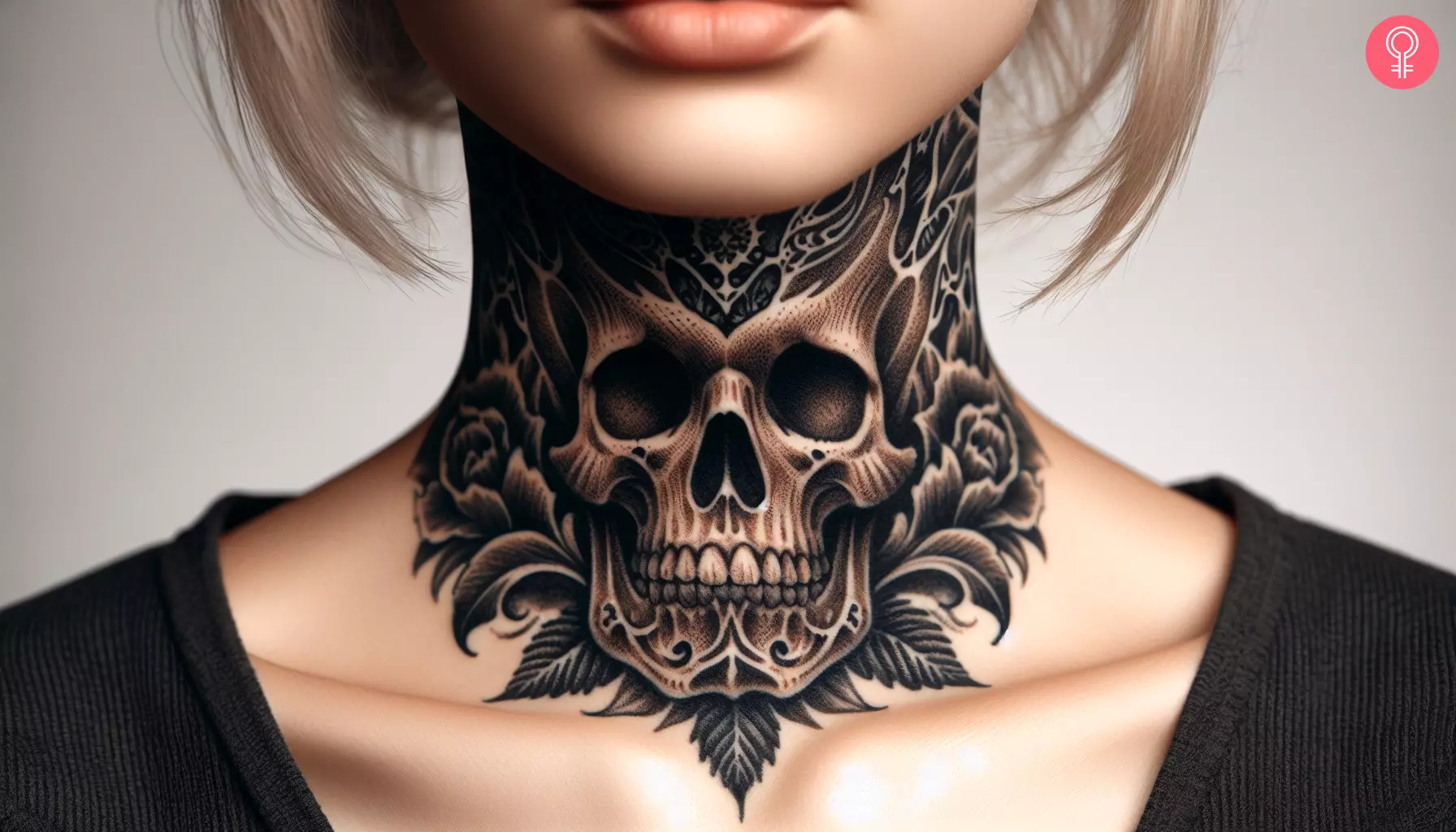 Woman with skull throat tattoo