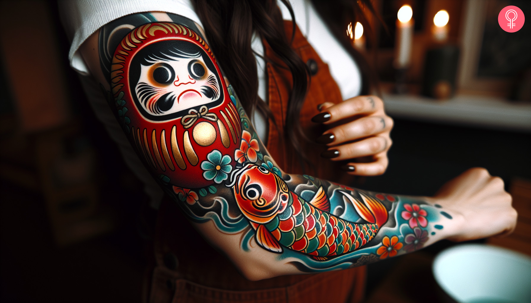 Woman with the tattoo of a Daruma doll and koi fish on her arm