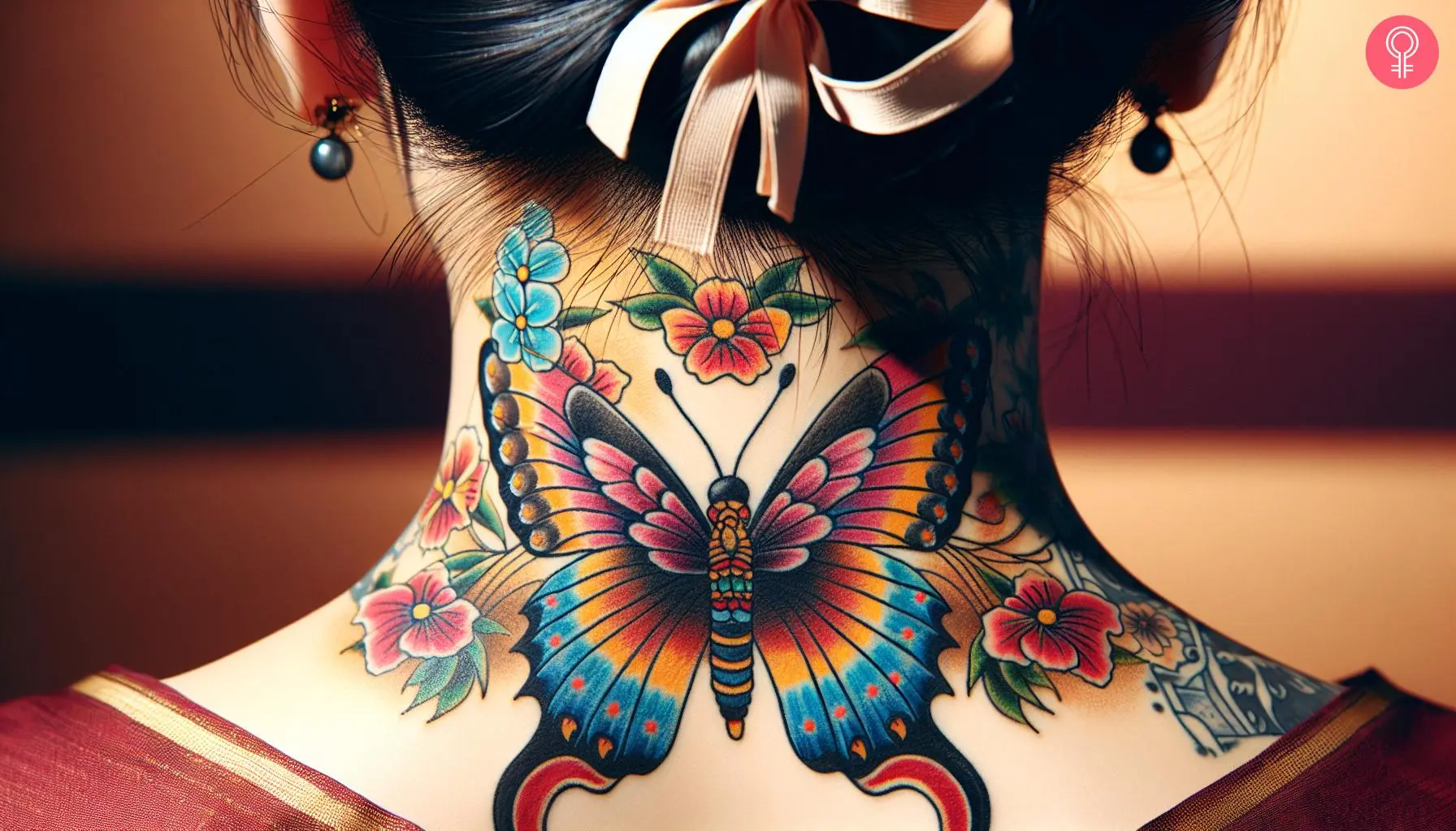 Woman with traditional butterfly neck tattoo