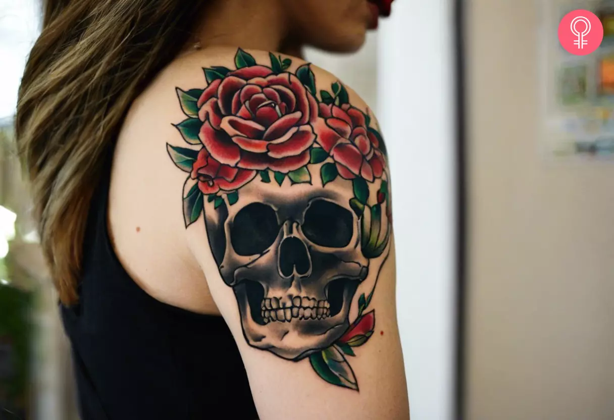 Woman with traditional skull tattoo on her arm