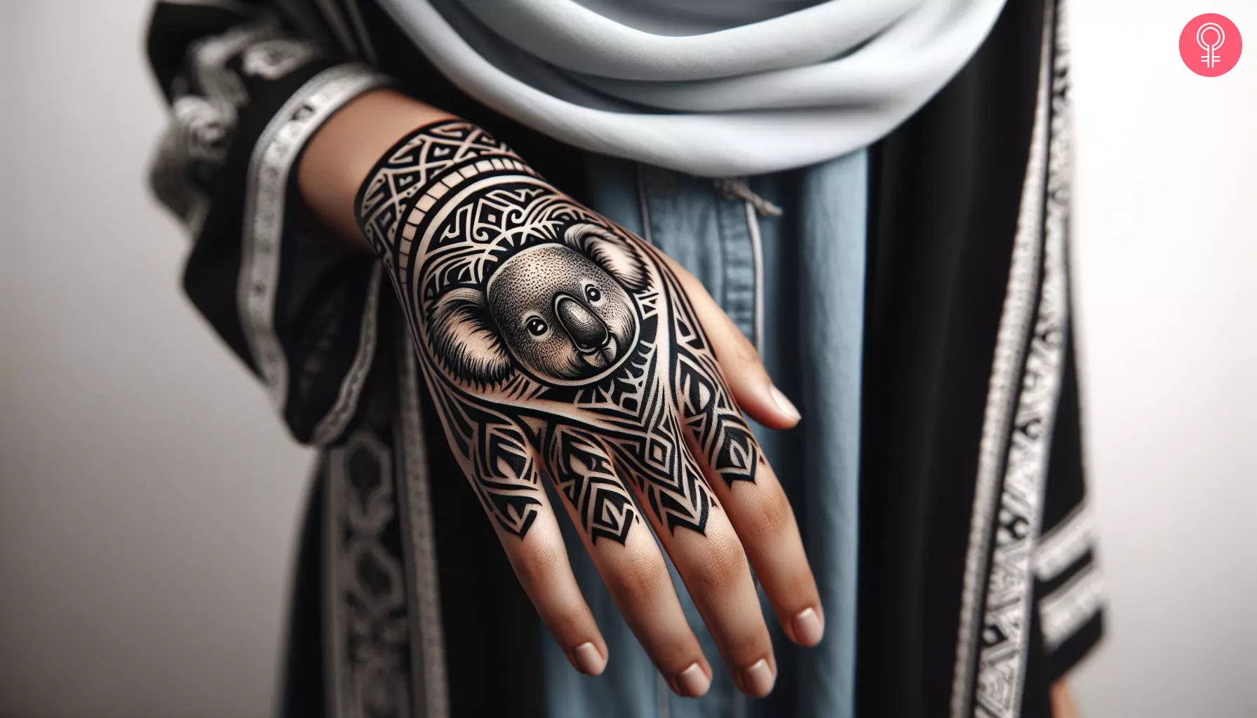 Woman with tribal pattern Koala tattoo on her hand