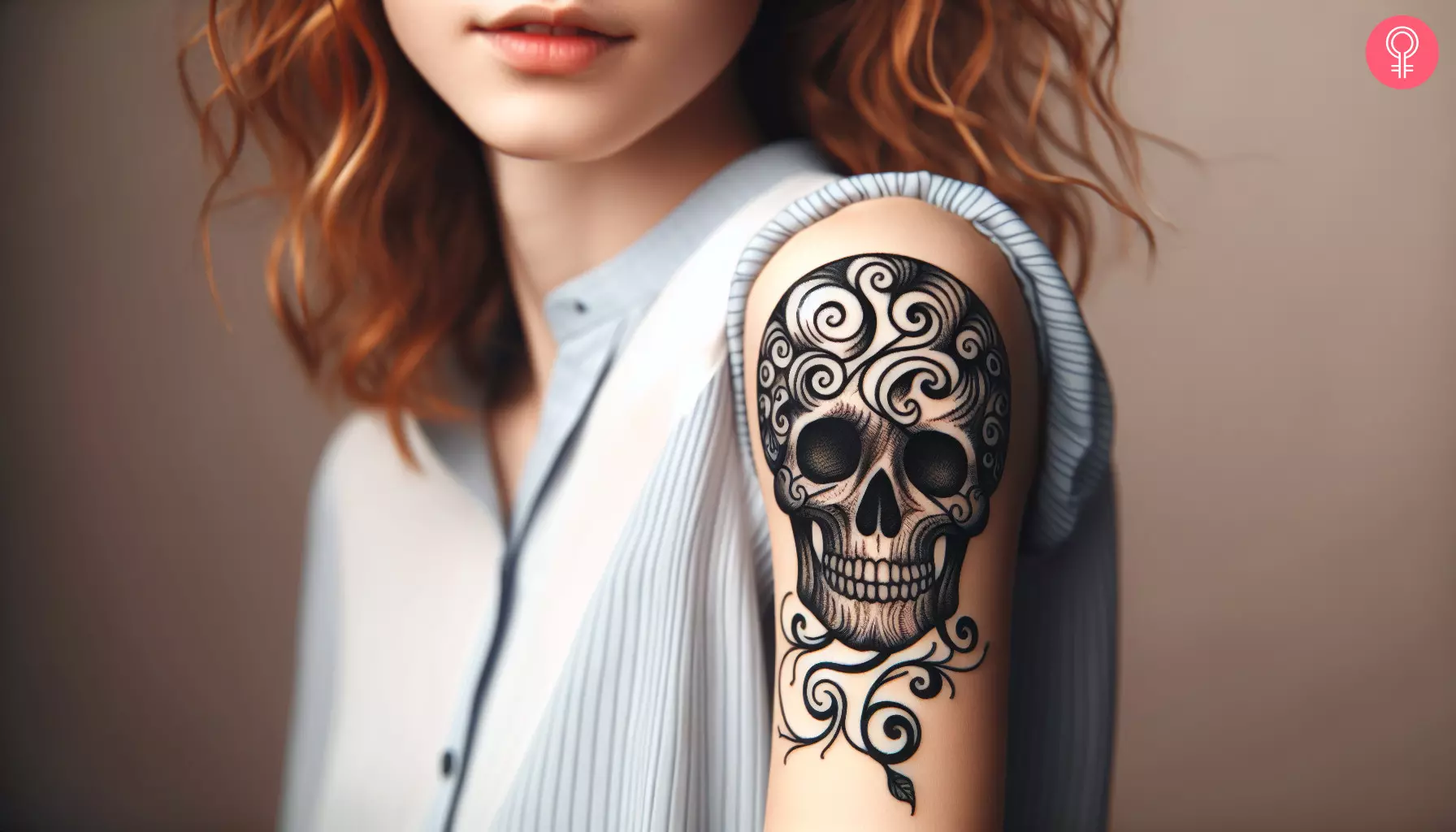 Woman with whimsical skull tattoo on her arm