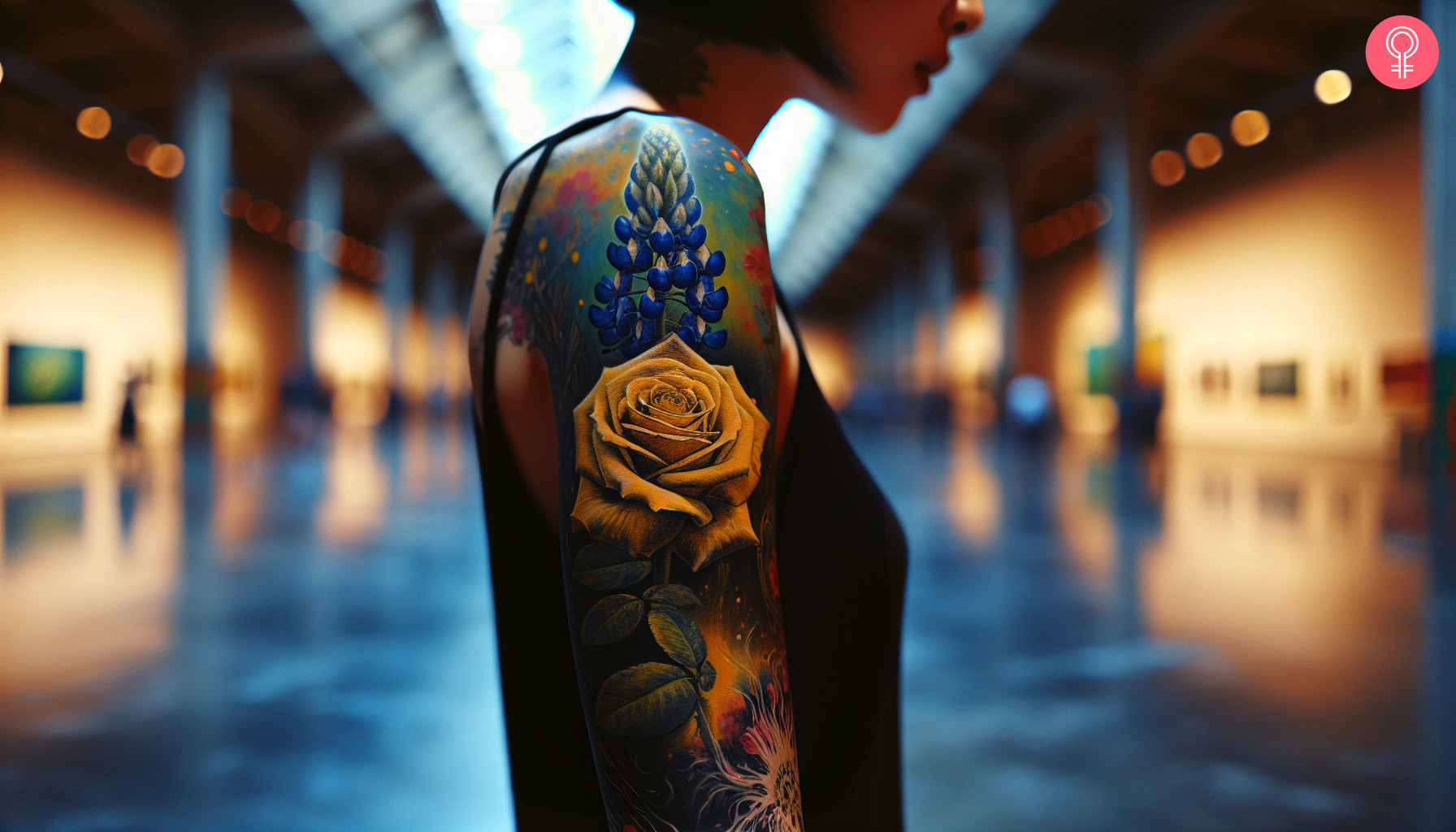 Yellow rose and bluebonnet tattoo on the arm of a woman