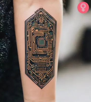 A woman with a cyberpunk tattoo on forearm.