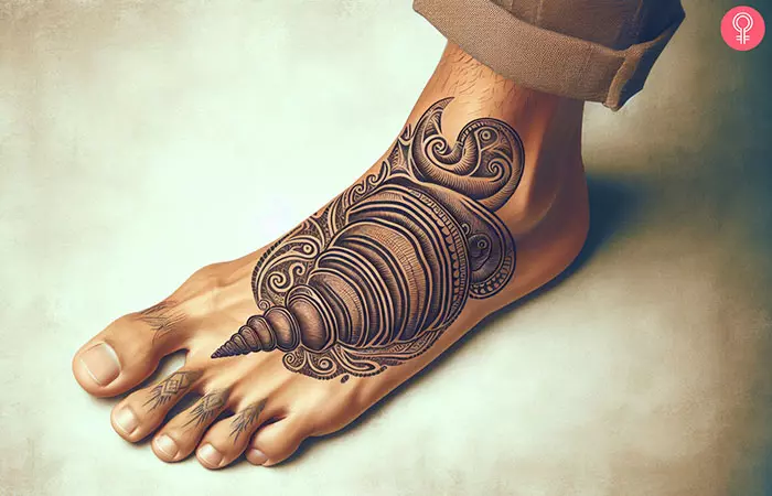 traditional shell tattoo on the foot