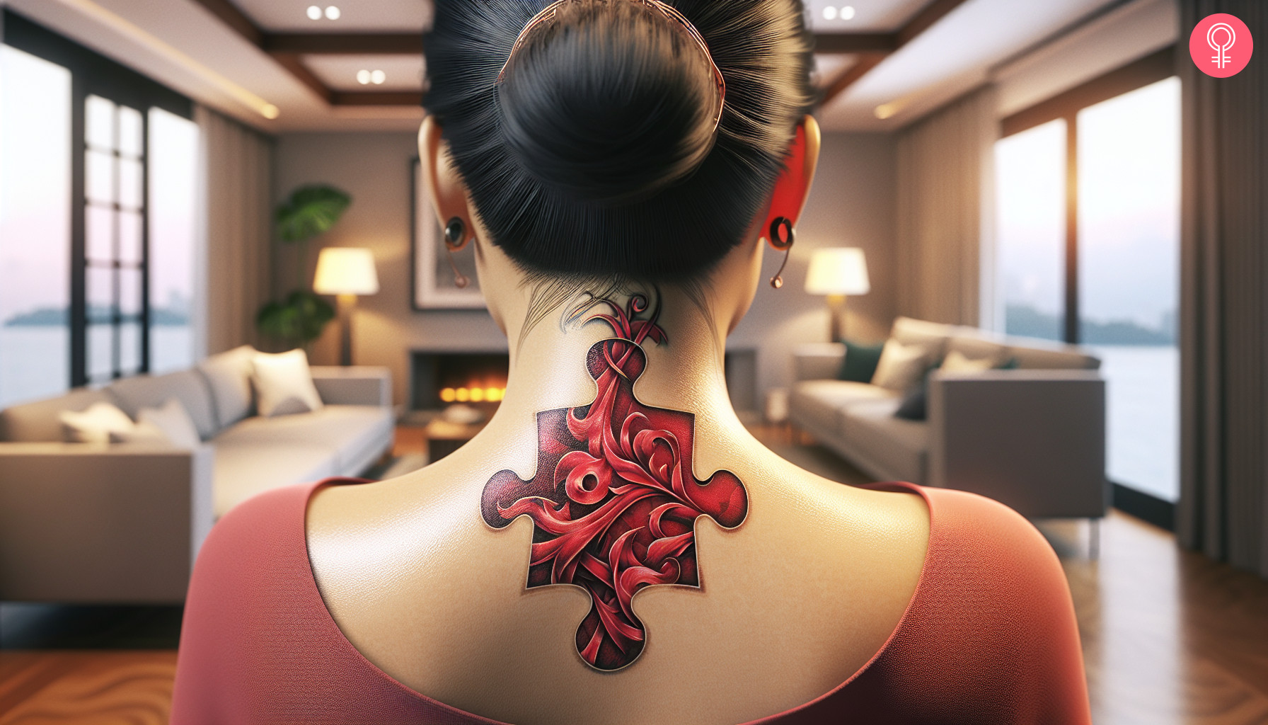 Rotes Puzzleteil-Tattoo mit realistischen roten Ranken am Hals einer Frau