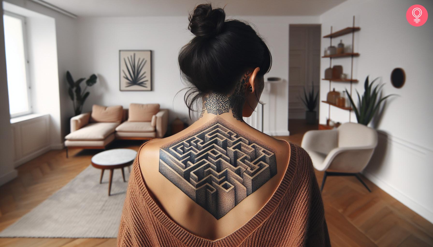 3D maze tattoo on the upper back of a woman