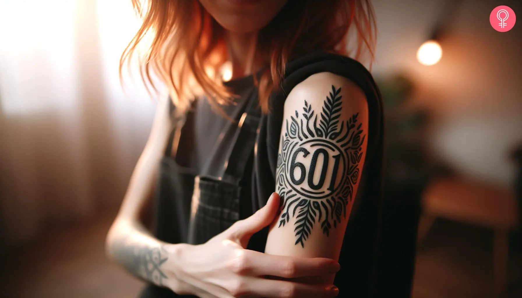 A 601 area code tattoo on the upper arm of a woman