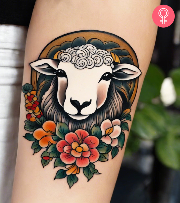A traditional sheep tattoo with a flower frame on the forearm