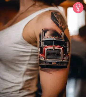 A black-and-white Chevvy car tattoo on the forearm