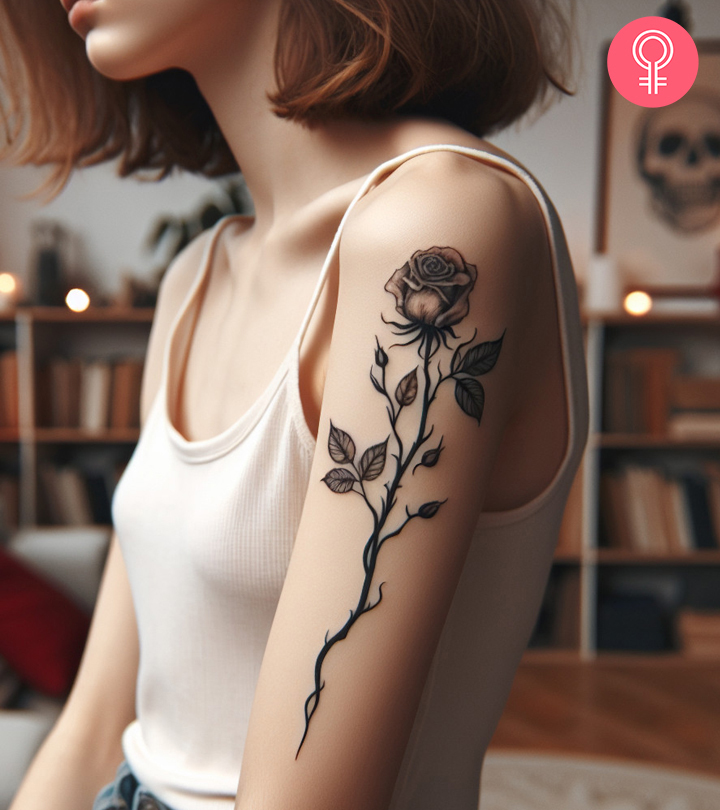A woman sporting a dead rose tattoo on the upper arm