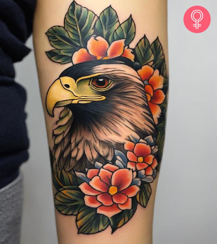 Mexican eagle tattoo on the arm of a woman