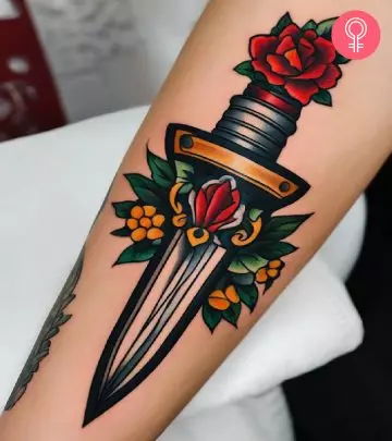 A woman with a rose and dagger tattoo on her arm