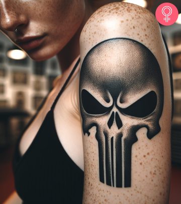 Japanese skull tattoo on the upper arm of a woman