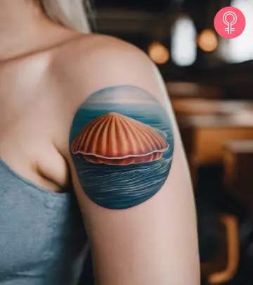 Woman with a beach tattoo on her upper arm