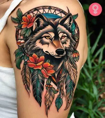 A woman with a howling wolf tattoo on her upper arm