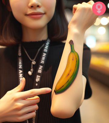 Woman with stick figure girl tattoo on her arm