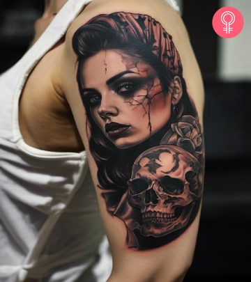 A striking skull and rose tattoo on a woman’s back