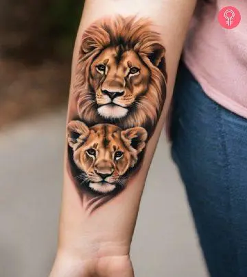 A lion tattoo on a man’s upper arm