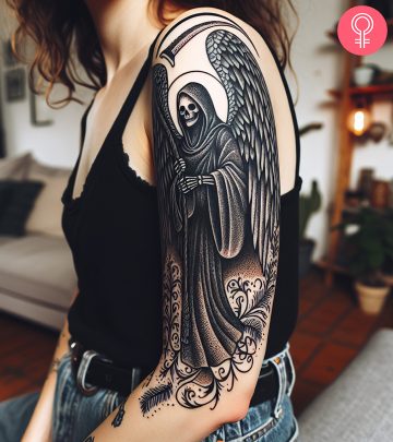 A woman with a Grim Reaper tattoo on her back