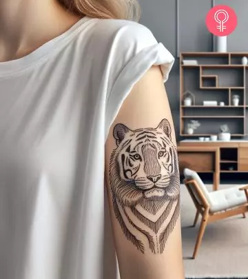 A woman with a Japanese tiger tattoo on her upper arm