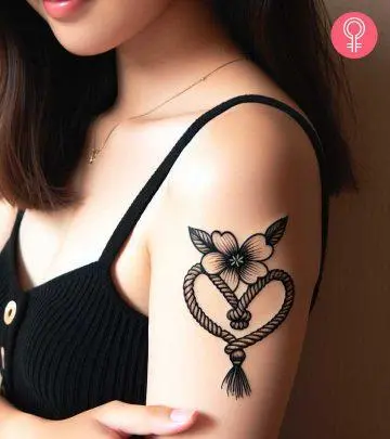 A woman with a floral rope and heart tattoo on the upper arm.