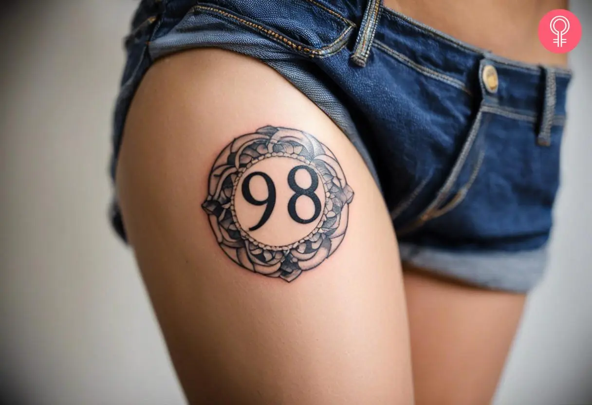 Woman with 98 thigh tattoo