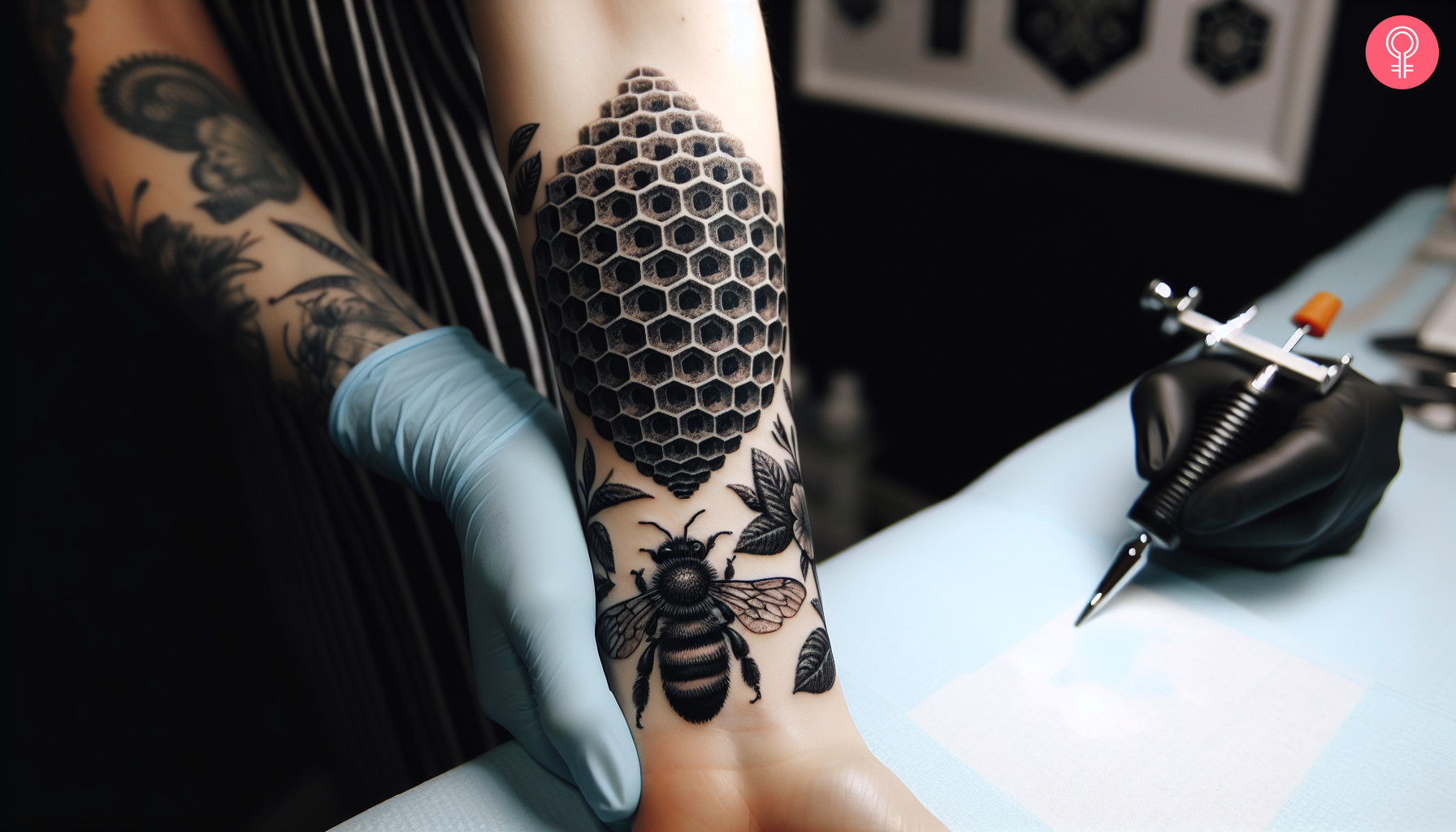 A 3D beehive pattern tattoo on the arm of a woman