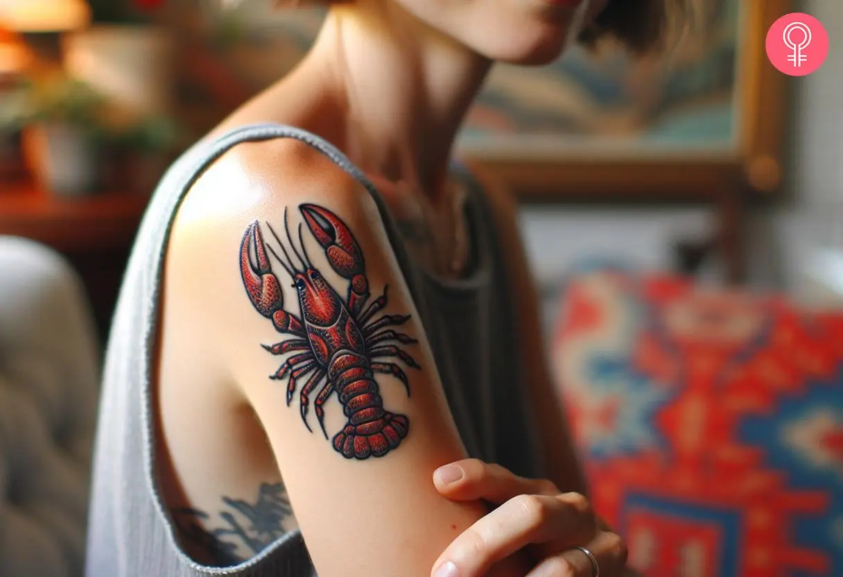 A Cajun crawfish tattoo on a woman’s upper arm