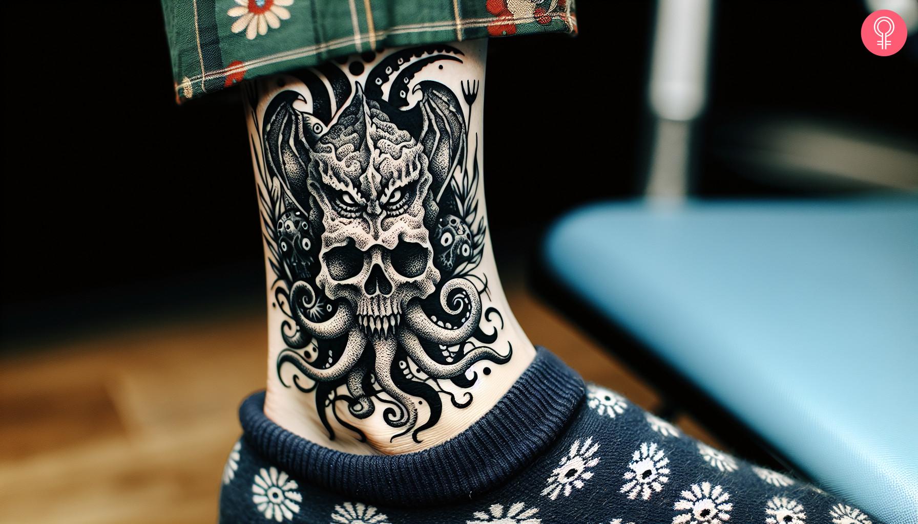 A Cthulhu skull tattoo on a woman's ankle