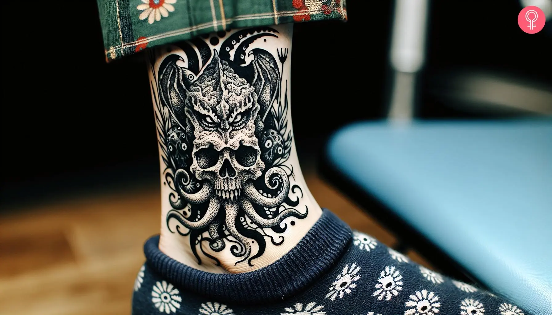 A Cthulhu skull tattoo on a woman’s ankle